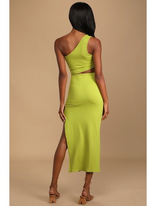 Lulus Spice Things Up Lime Green Ribbed One-Shoulder Cutout Midi Dress