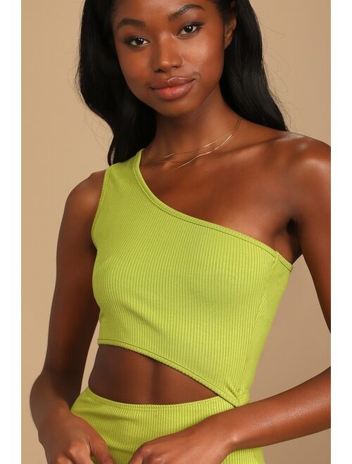 Lulus Spice Things Up Lime Green Ribbed One-Shoulder Cutout Midi Dress