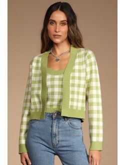 Sophisticated and Sweet Green Gingham Tank Top and Cardigan Set