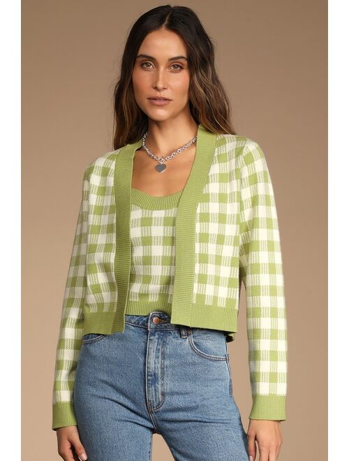 Lulus Sophisticated and Sweet Green Gingham Tank Top and Cardigan Set