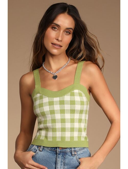 Lulus Sophisticated and Sweet Green Gingham Tank Top and Cardigan Set