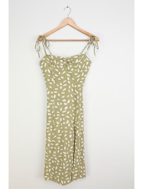 Lulus Party in Paris Sage Green Print Tie-Strap Midi Dress