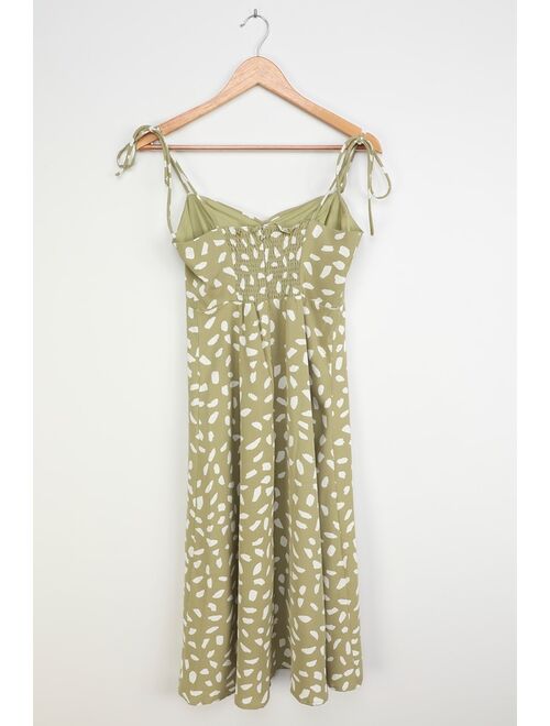 Lulus Party in Paris Sage Green Print Tie-Strap Midi Dress