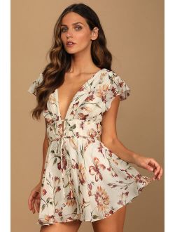 Flirty Ways Cream Floral Print Flutter Sleeve Romper