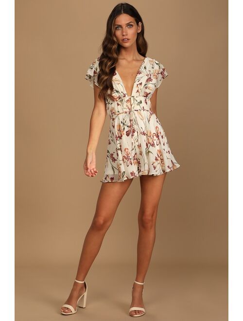 Lulus Flirty Ways Cream Floral Print Flutter Sleeve Romper