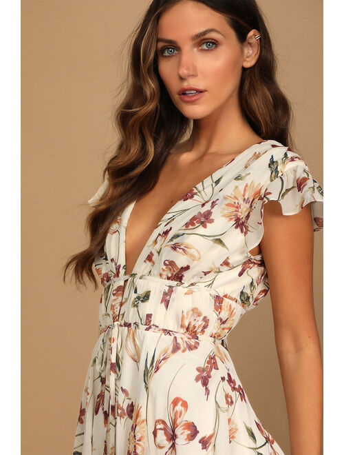 Lulus Flirty Ways Cream Floral Print Flutter Sleeve Romper