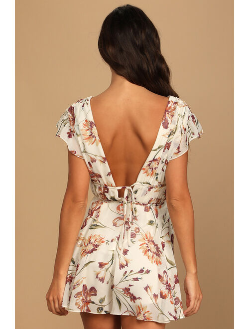 Lulus Flirty Ways Cream Floral Print Flutter Sleeve Romper