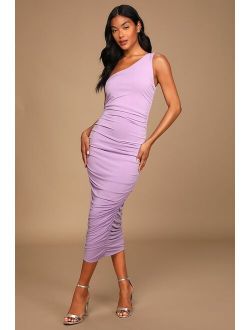 Total Appeal Lavender Ruched One-Shoulder Bodycon Midi Dress