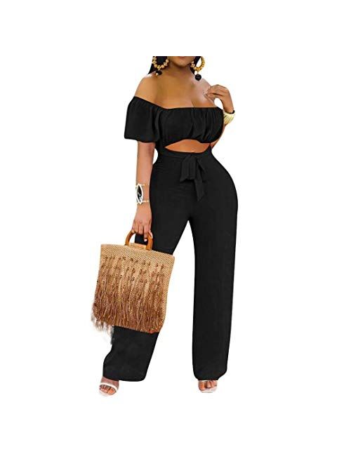 IyMoo Off Shoulder Jumpsuits for Women Sexy-Short Sleeve Summer Floral Print Tie Front One Piece Jumpsuits