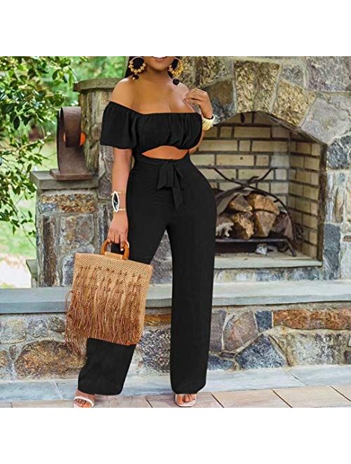 IyMoo Off Shoulder Jumpsuits for Women Sexy-Short Sleeve Summer Floral Print Tie Front One Piece Jumpsuits