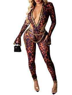 Ekaliy Women's Sexy Long Sleeve Bodycon Two Piece Outfits Deep V Neck Crop Top Long Pants Set Leopard Jumpsuit