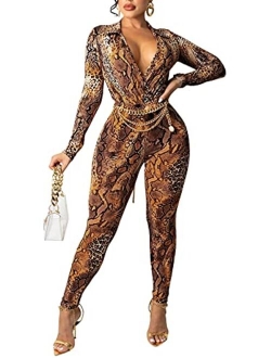 Ekaliy Women's Sexy Long Sleeve Bodycon Two Piece Outfits Deep V Neck Crop Top Long Pants Set Leopard Jumpsuit