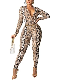 Ekaliy Women's Sexy Long Sleeve Bodycon Two Piece Outfits Deep V Neck Crop Top Long Pants Set Leopard Jumpsuit