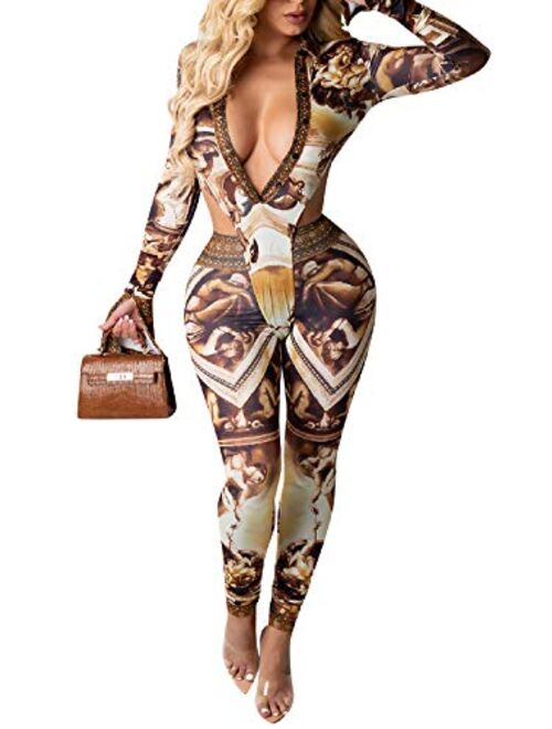 Ekaliy Women's Sexy Long Sleeve Bodycon Two Piece Outfits Deep V Neck Crop Top Long Pants Set Leopard Jumpsuit