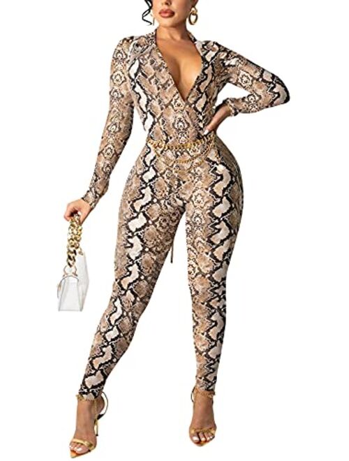 Ekaliy Women's Sexy Long Sleeve Bodycon Two Piece Outfits Deep V Neck Crop Top Long Pants Set Leopard Jumpsuit