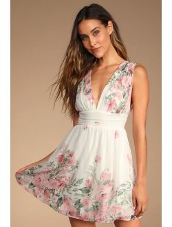 Garden Wanderings White Floral Print Sleeveless Mini Dress