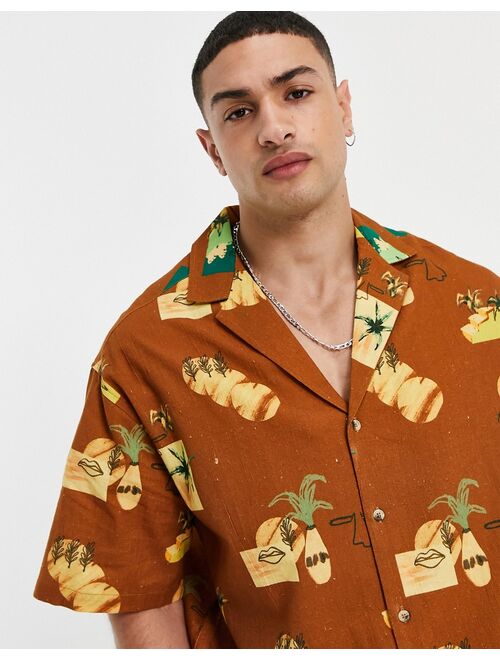 ASOS DESIGN boxy oversized deep revere shirt in brown conversation print