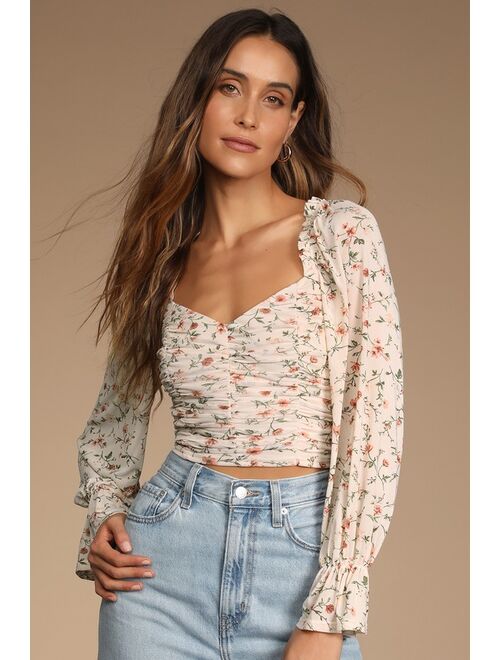 Lulus Blooming with Bliss Peach Floral Print Ruched Long Sleeve Top