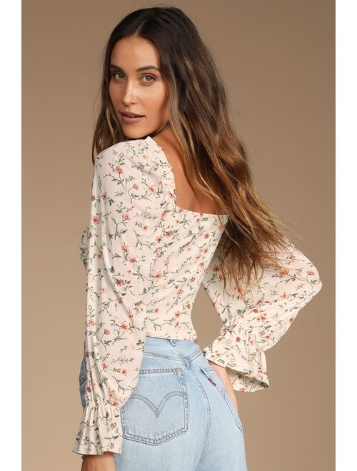 Lulus Blooming with Bliss Peach Floral Print Ruched Long Sleeve Top