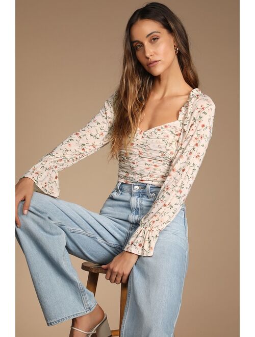 Lulus Blooming with Bliss Peach Floral Print Ruched Long Sleeve Top