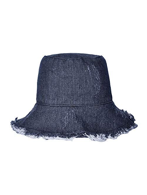 ZLYC Denim Bucket Hats for Women Men Summer Trendy Washed Cotton Beach Sun Hat