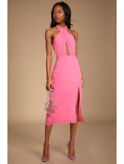 Flirty Chic Bright Pink Cutout Twist-Front Halter Midi Dress