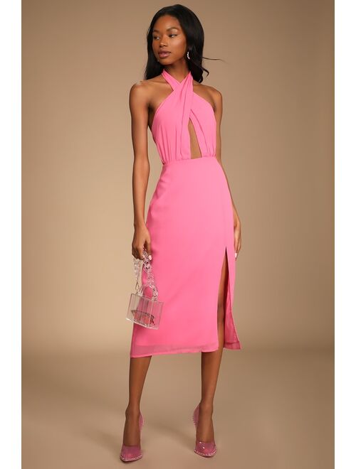 Lulus Flirty Chic Bright Pink Cutout Twist-Front Halter Midi Dress