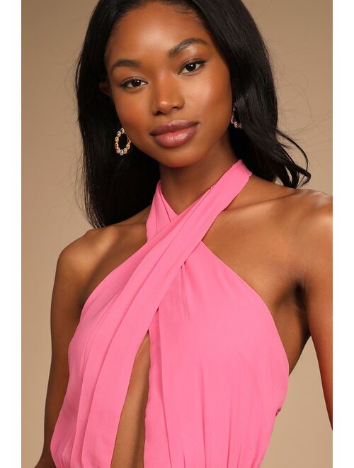 Lulus Flirty Chic Bright Pink Cutout Twist-Front Halter Midi Dress