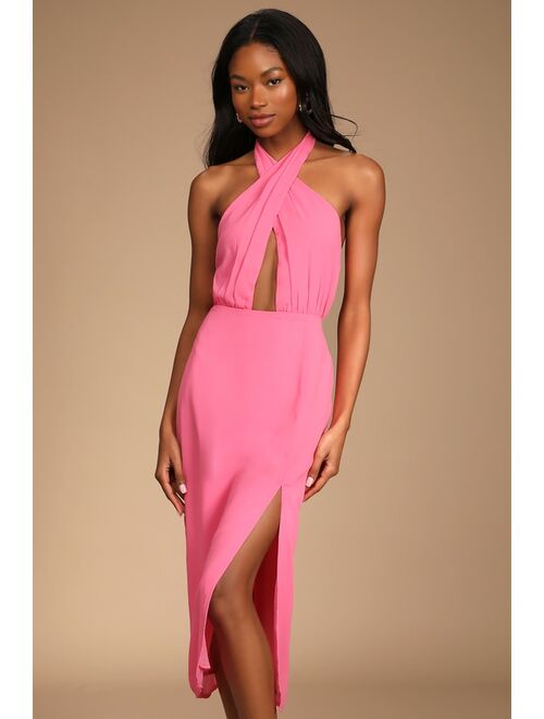 Lulus Flirty Chic Bright Pink Cutout Twist-Front Halter Midi Dress