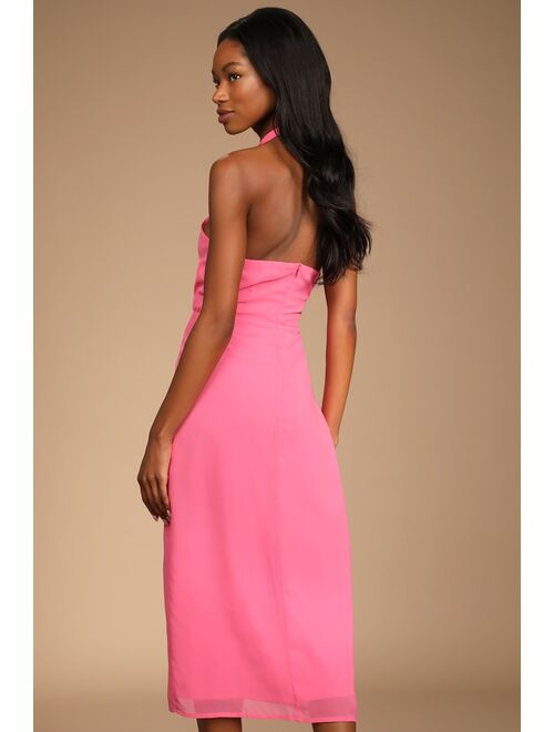 Lulus Flirty Chic Bright Pink Cutout Twist-Front Halter Midi Dress