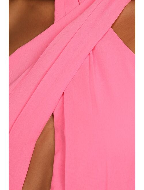 Lulus Flirty Chic Bright Pink Cutout Twist-Front Halter Midi Dress