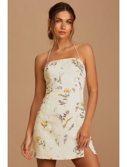 Catch the Bouquet Cream Floral Print Halter Lace-Up Mini Dress