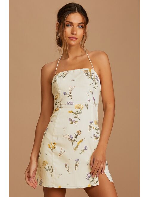 Lulus Catch the Bouquet Cream Floral Print Halter Lace-Up Mini Dress