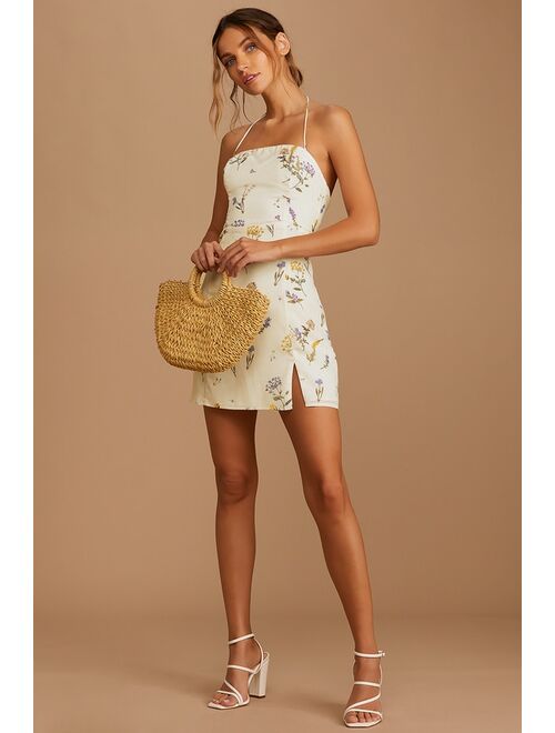 Lulus Catch the Bouquet Cream Floral Print Halter Lace-Up Mini Dress