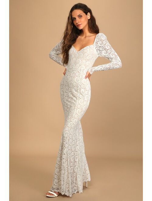 Lulus To Always Love White Lace Long Sleeve Mermaid Maxi Dress