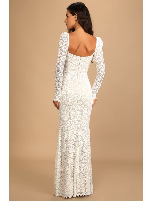 Lulus To Always Love White Lace Long Sleeve Mermaid Maxi Dress