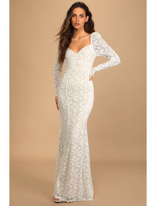 Lulus To Always Love White Lace Long Sleeve Mermaid Maxi Dress