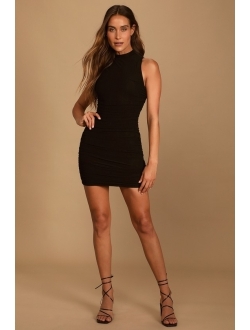 Modern Movement Black Mesh Ruched Mock Neck Mini Dress