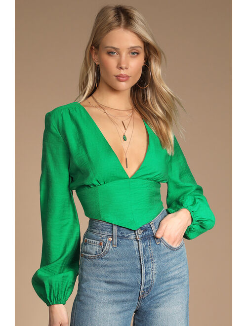 Lulus Mega Stunner Green Long Sleeve Backless Long Sleeve Crop Top