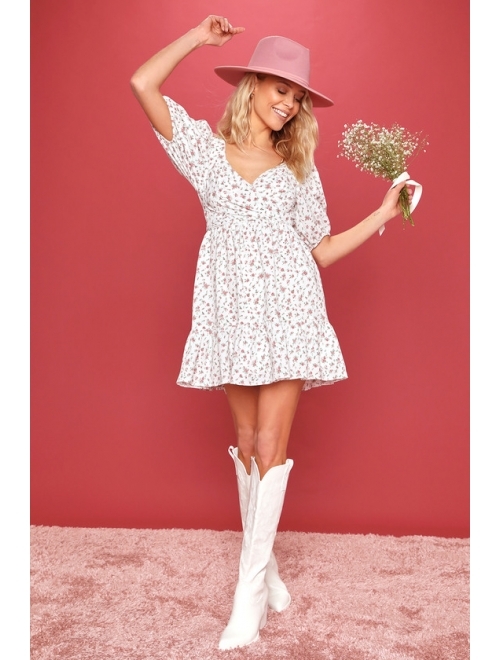 Lulus So Sweetly White Floral Print Puff Sleeve Tie-Back Mini Dress