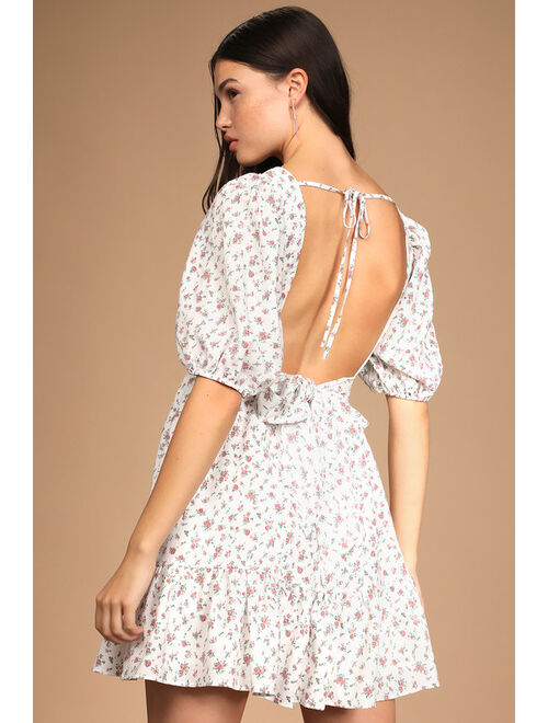 Lulus So Sweetly White Floral Print Puff Sleeve Tie-Back Mini Dress