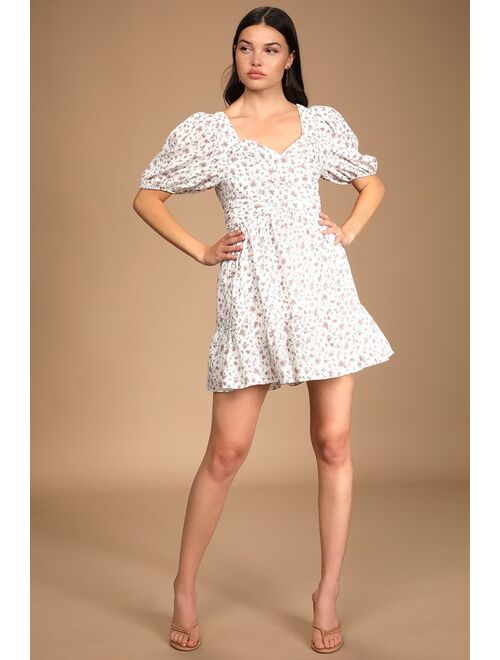 Lulus So Sweetly White Floral Print Puff Sleeve Tie-Back Mini Dress