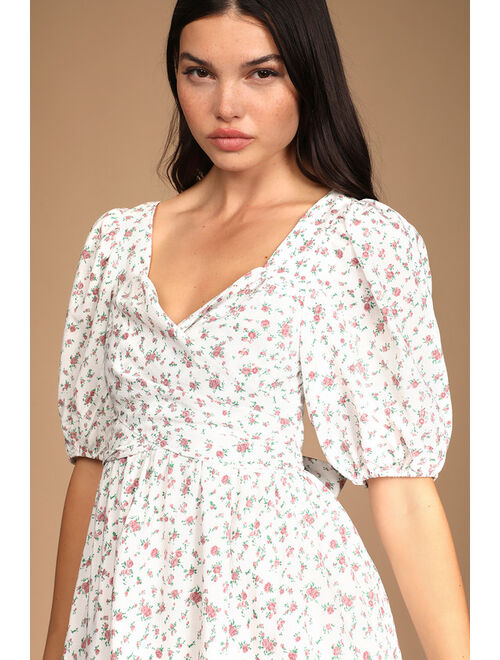 Lulus So Sweetly White Floral Print Puff Sleeve Tie-Back Mini Dress