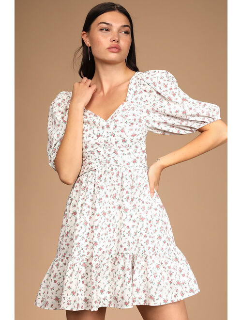 Lulus So Sweetly White Floral Print Puff Sleeve Tie-Back Mini Dress