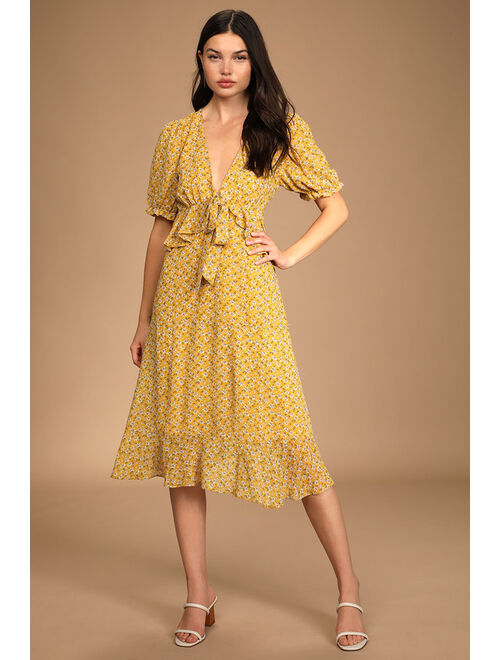 Lulus Anything Lovelier Yellow Floral Print Tiered Midi Dress