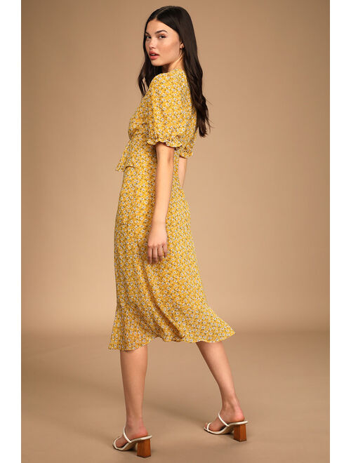 Lulus Anything Lovelier Yellow Floral Print Tiered Midi Dress