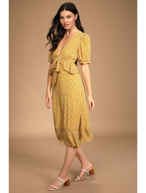 Lulus Anything Lovelier Yellow Floral Print Tiered Midi Dress