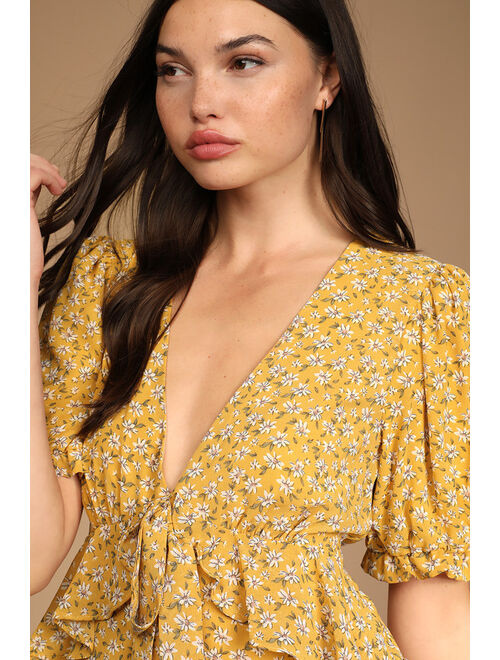 Lulus Anything Lovelier Yellow Floral Print Tiered Midi Dress