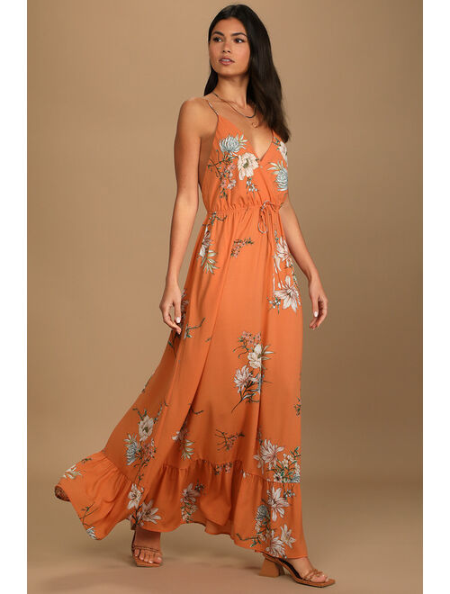 Lulus Endless Vacay Orange Floral Print Surplice Maxi Dress