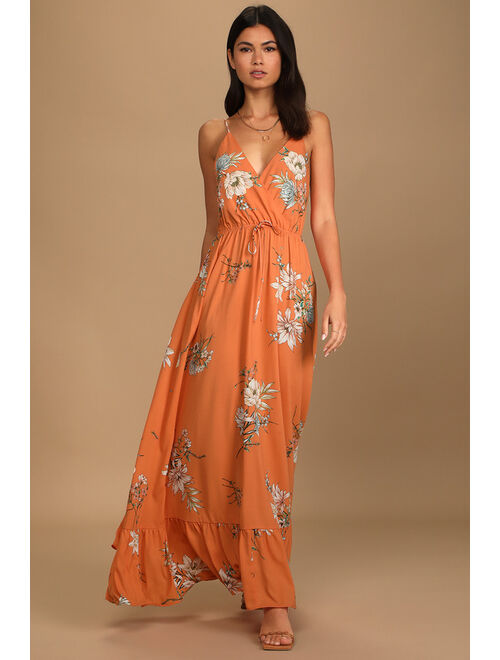 Lulus Endless Vacay Orange Floral Print Surplice Maxi Dress